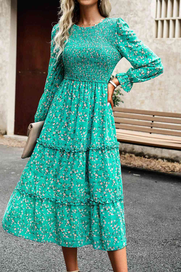 Smocked Flounce Sleeve Midi Dress | 1mrk.com