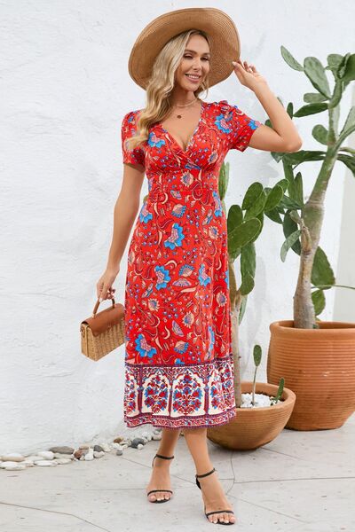 Printed Surplice Short Sleeve Dress |1mrk.com