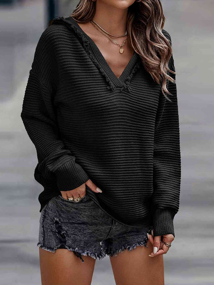 Ribbed Fringed V-Neck Hooded Sweater |1mrk.com