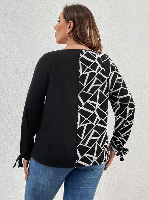 Plus Size Geometric V-Neck Long Sleeve T-Shirt | 1mrk.com