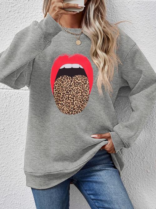 Leopard Lip Graphic Round Neck Sweatshirt |1mrk.com