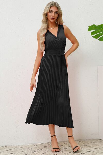 Surplice Sleeveless Midi Pleated Dress |1mrk.com