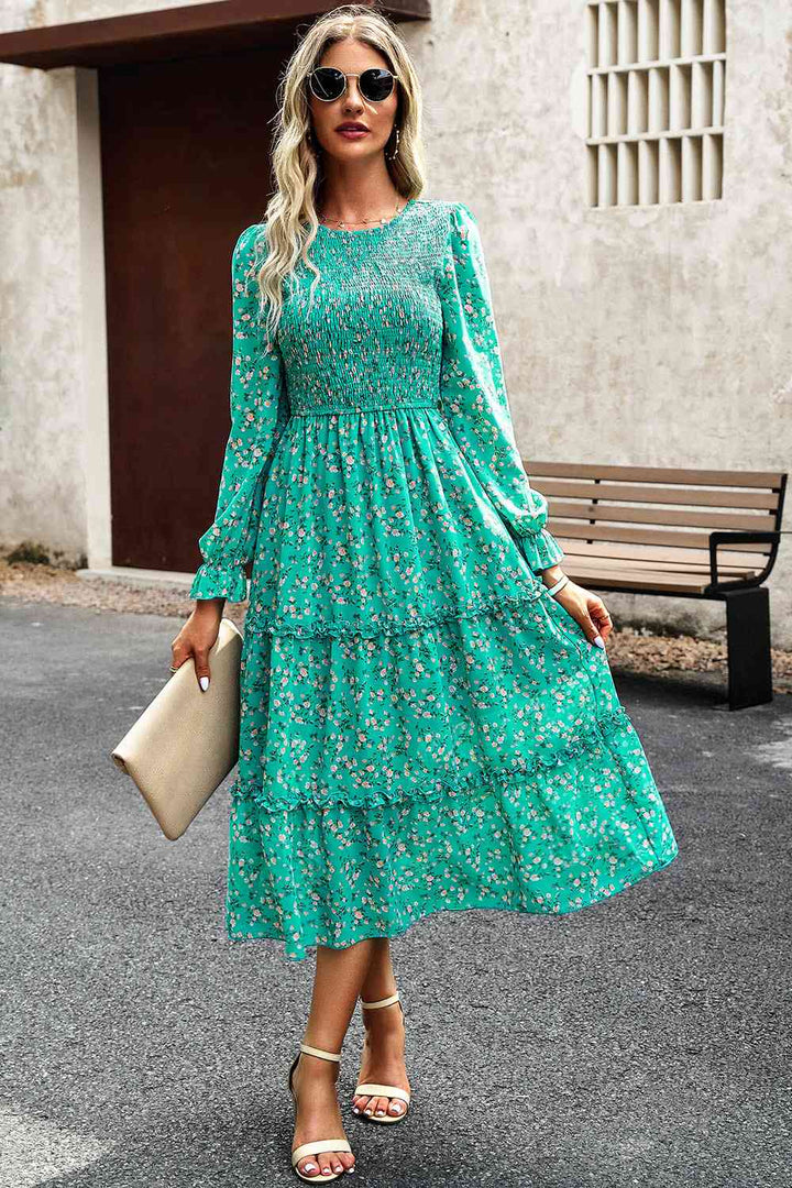 Smocked Flounce Sleeve Midi Dress | 1mrk.com