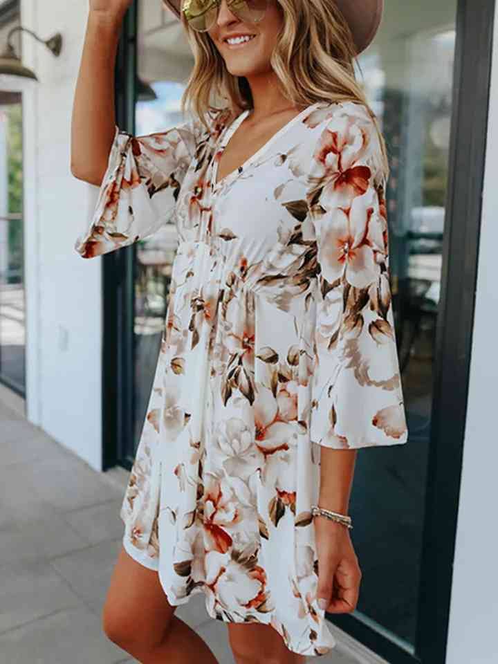 Floral V-Neck Three-Quarter Sleeve Dress |1mrk.com