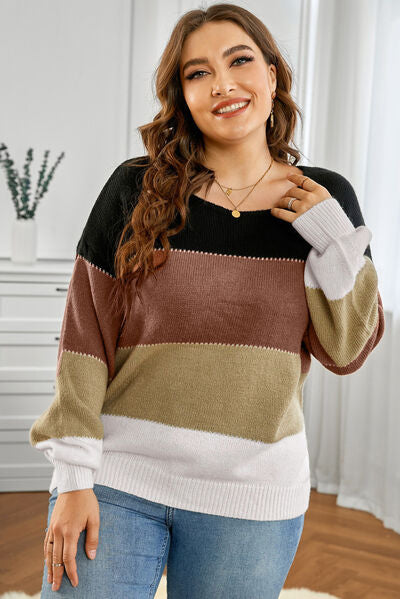 Plus Size Color Block Round Neck Sweater |1mrk.com