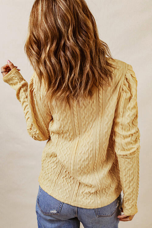 Cable-Knit Round Neck Long Sleeve Blouse | 1mrk.com