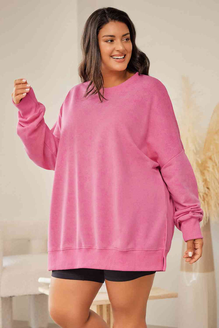 Plus Size Round Neck Drop Shoulder Slit Sweatshirt |1mrk.com