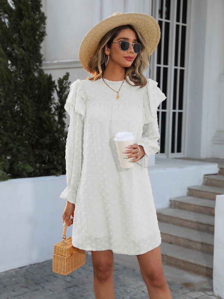 Swiss Dot Mock Neck Flounce Sleeve Dress | Trendsi