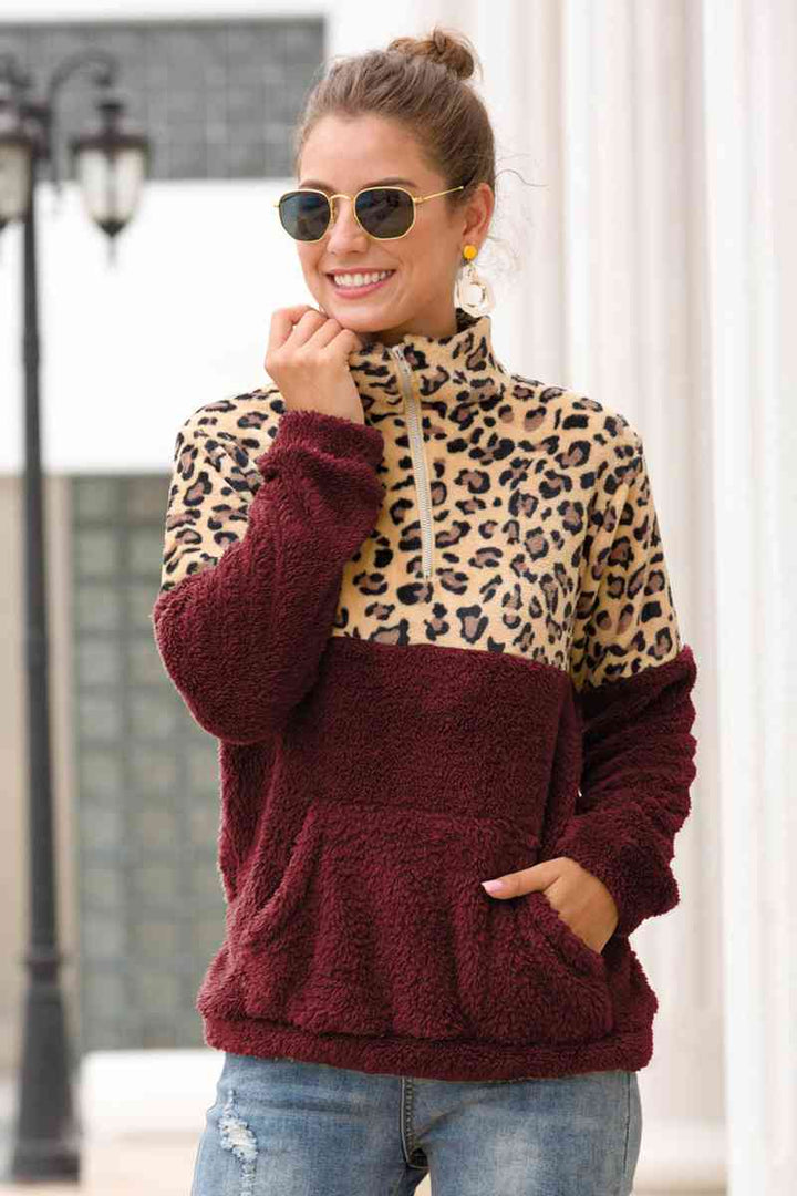 Leopard Zip-Up Turtle Neck Dropped Shoulder Sweatshirt |1mrk.com