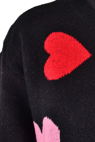 Heart Round Neck Droppped Shoulder Sweater |1mrk.com