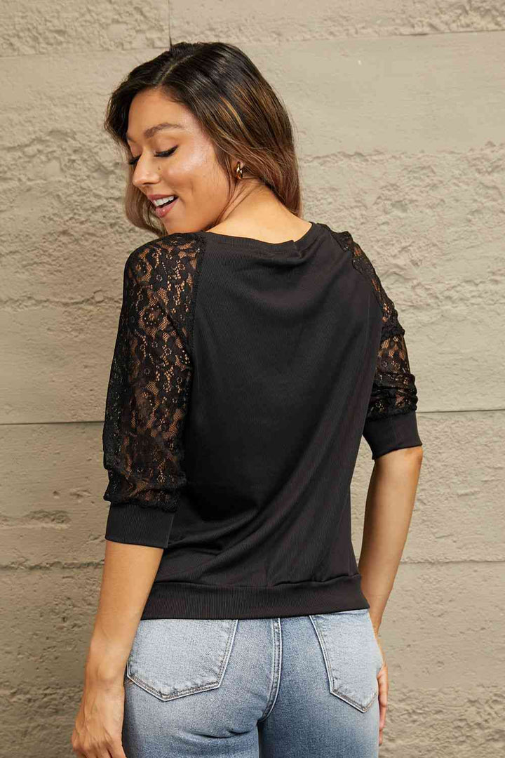 Double Take V-Neck Spliced Lace Raglan Sleeve Top | 1mrk.com