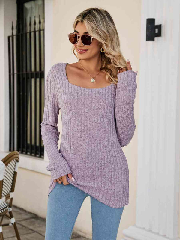 Square Neck Ribbed Long Sleeve T-Shirt | 1mrk.com