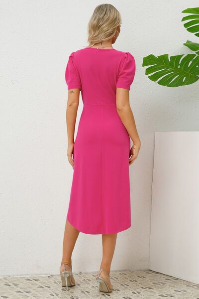 Slit Ruched Round Neck Puff Sleeve Dress |1mrk.com