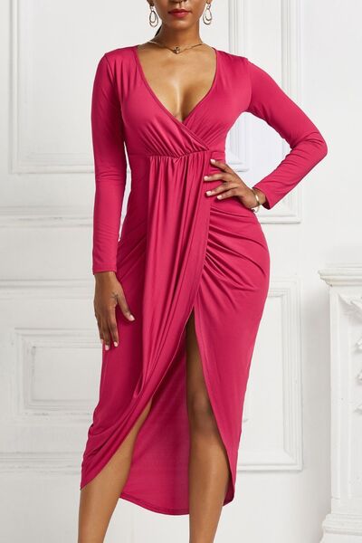 High-low Ruched Surplice Long Sleeve Dress | 1mrk.com