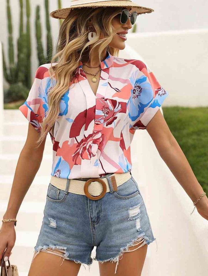 Printed Notched Neck Short Sleeve Blouse | 1mrk.com