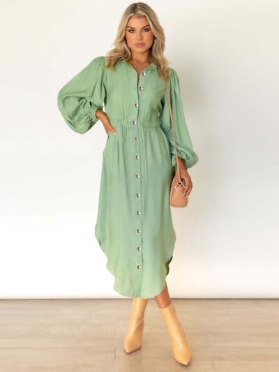 Drawstring Button Up Balloon Sleeve Dress |1mrk.com