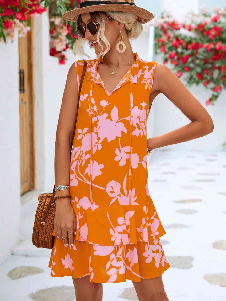 Floral Tie Neck Sleeveless Layered Dress |1mrk.com