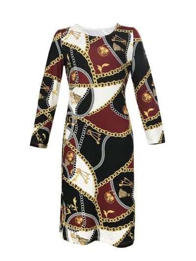 Printed Round Neck Long Sleeve Midi Dress |1mrk.com