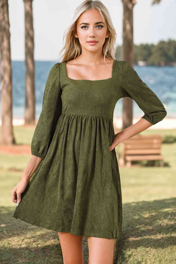 Square Neck Three-Quater Sleeve Mini Dress |1mrk.com