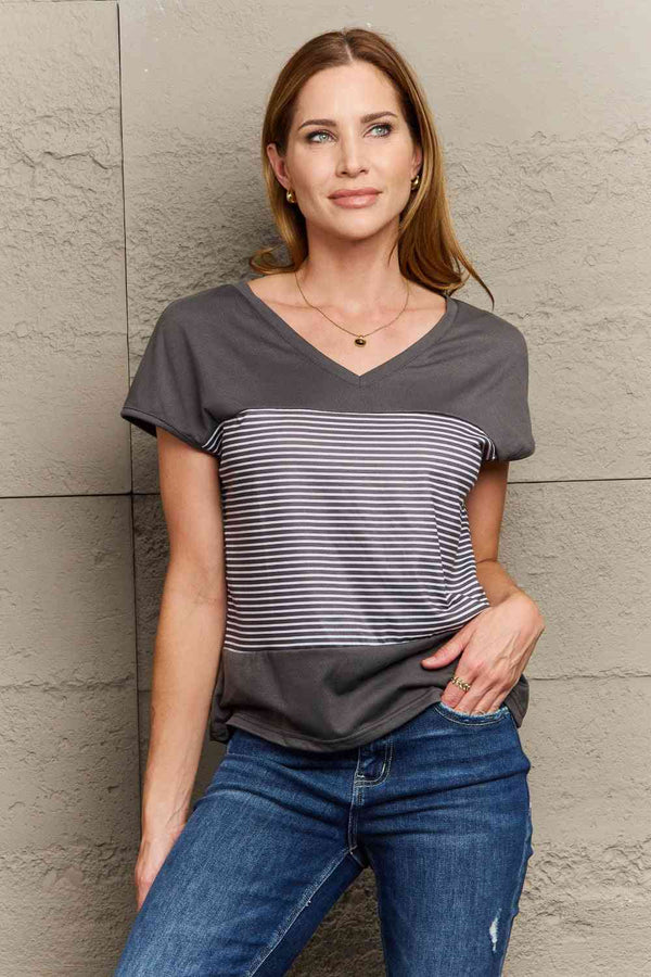 Striped V-Neck Short Sleeve T-Shirt | 1mrk.com