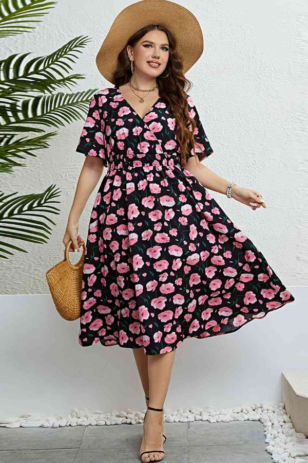 Floral Surplice Midi Dress |1mrk.com