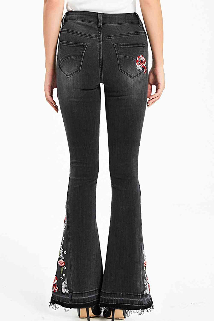Full Size Raw Hem Flower Embroidery Jeans | 1mrk.com