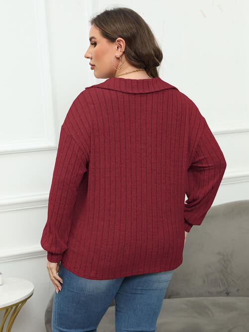 Plus Size Ribbed Collared Neck Long Sleeve Blouse | 1mrk.com