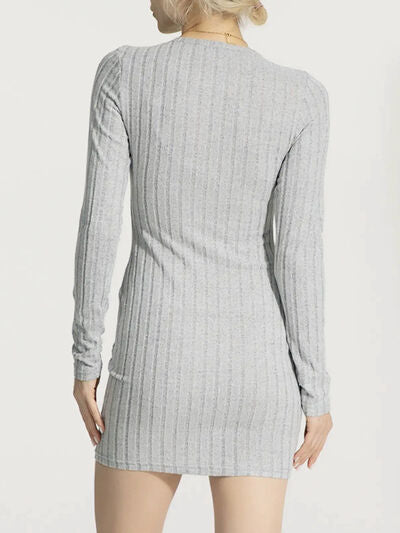 Ribbed Round Neck Long Sleeve Slim Dress |1mrk.com