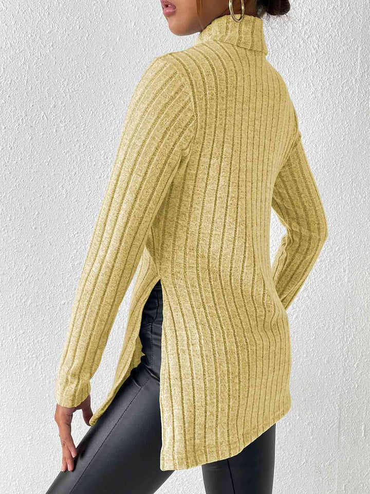 Ribbed Turtleneck Long Sleeve Slit T-Shirt | 1mrk.com