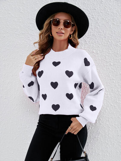 Heart Round Neck Dropped Shoulder Sweater |1mrk.com