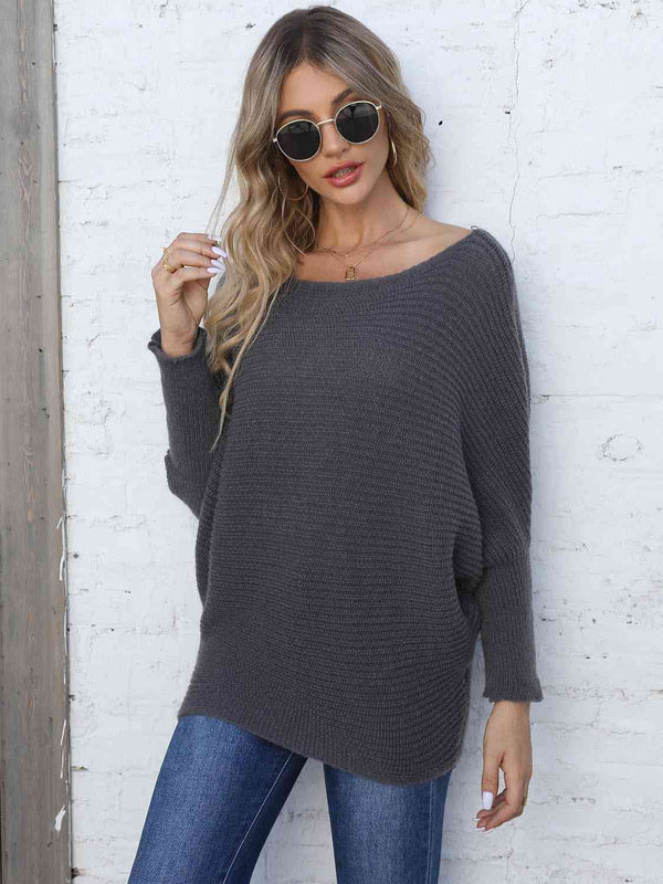 Full Size Horizontal Ribbing Dolman Sleeve Sweater |1mrk.com