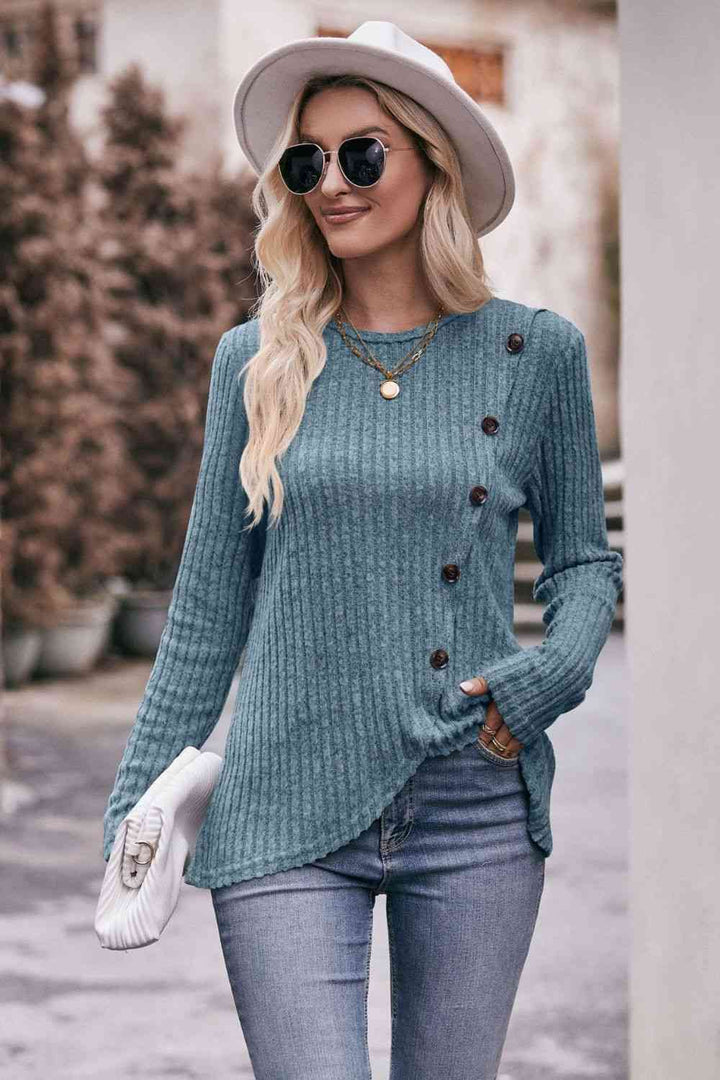 Double Take Ribbed Round Neck Buttoned Long Sleeve Tee | 1mrk.com