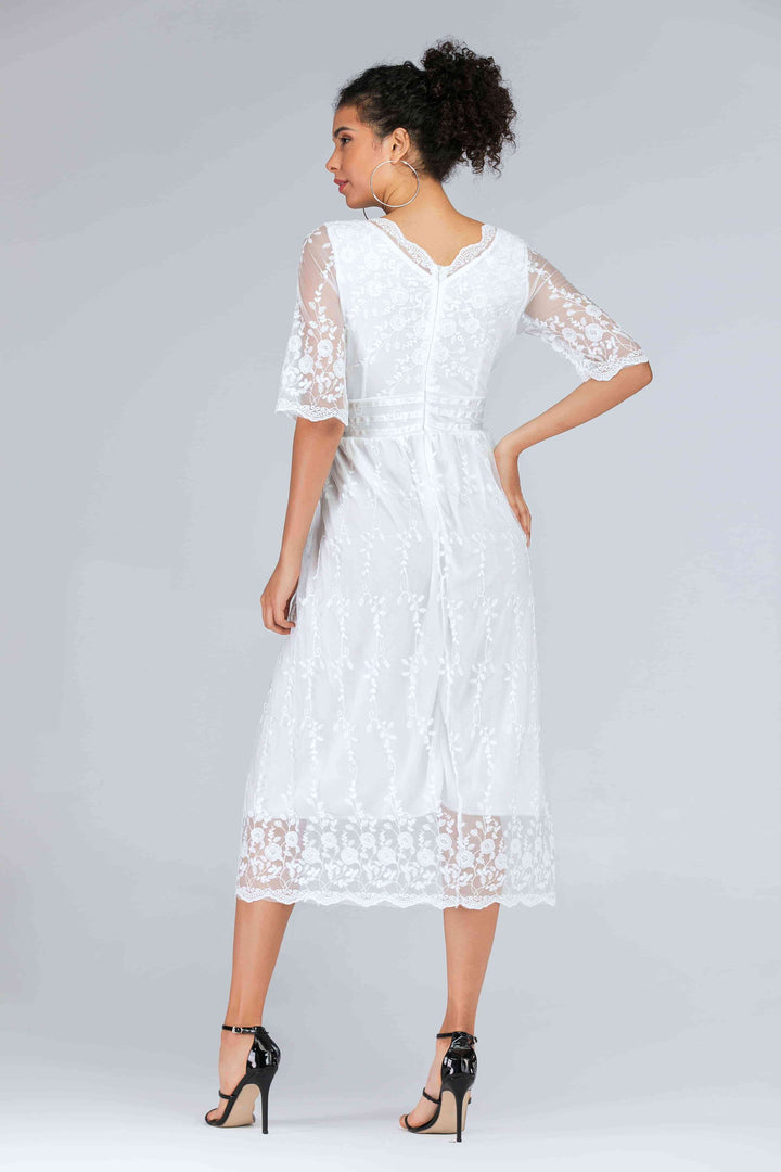 Scalloped Lace Half Sleeve Midi Dress |1mrk.com