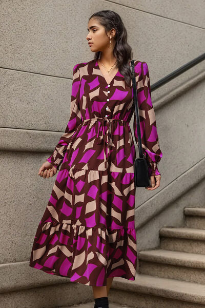 Printed Tied Pocketed Lantern Sleeve Dress | 1mrk.com