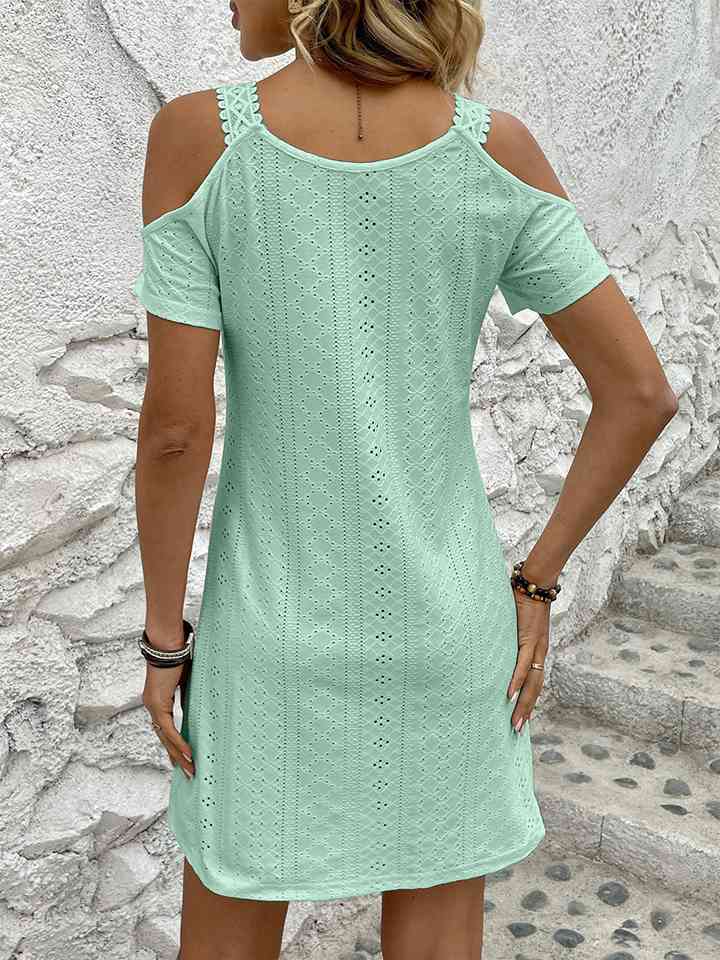 Eyelet V-Neck Cold-Shoulder Dress |1mrk.com