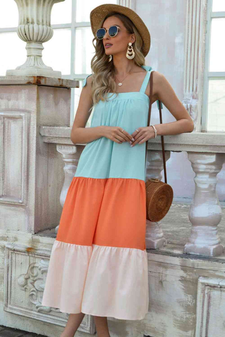 Color Block Tie-Shoulder Sleeveless Dress |1mrk.com