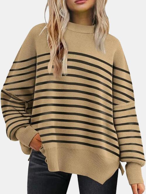 Round Neck Drop Shoulder Slit Sweater |1mrk.com