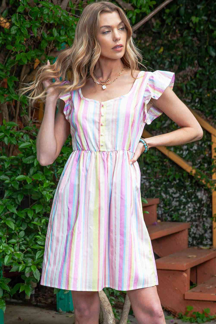 Striped Cap Sleeve Smocked Dress |1mrk.com