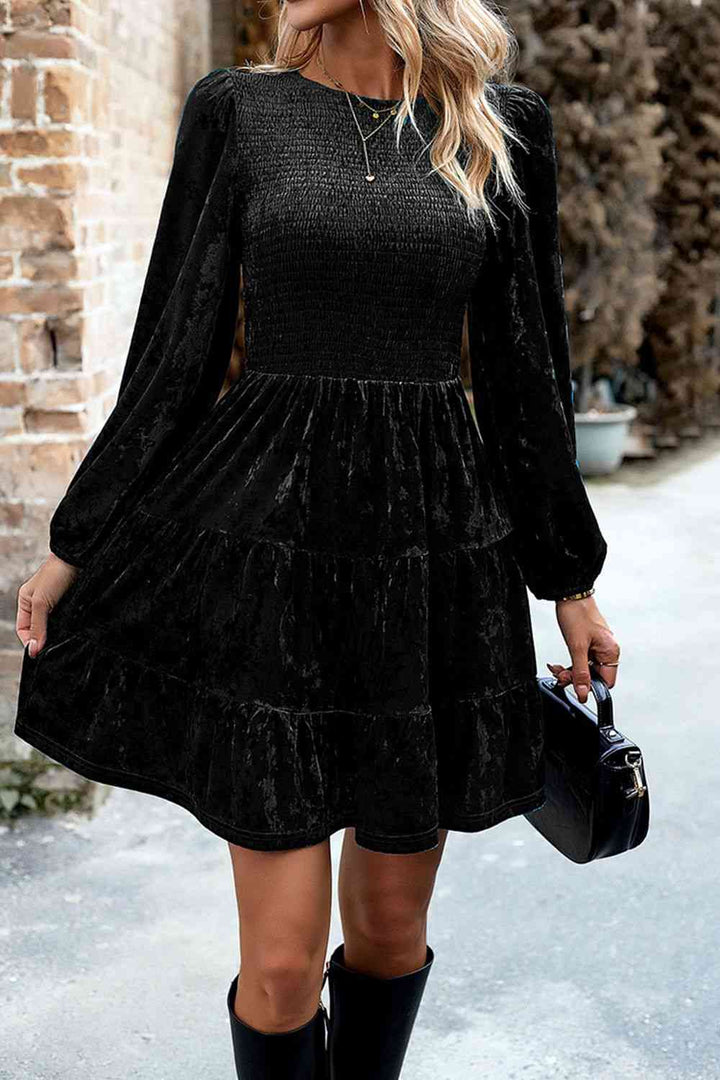 Smocked Round Neck Balloon Sleeve Mini Dress |1mrk.com