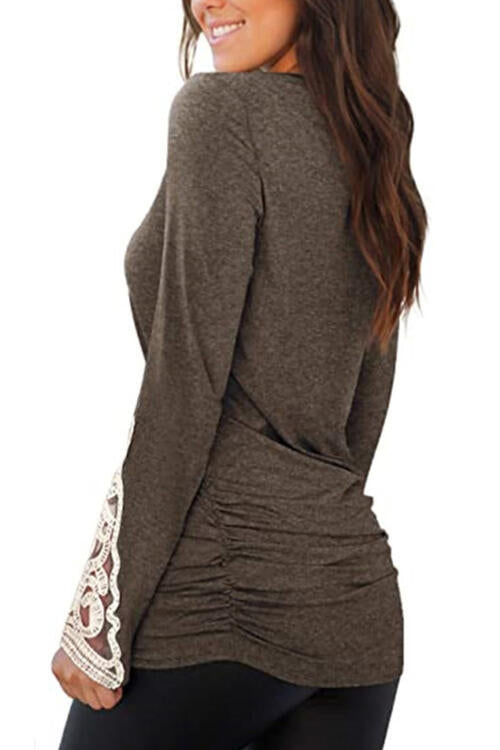 Lace Detail Long Sleeve Round Neck T-Shirt | 1mrk.com