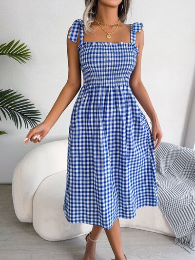 Frill Plaid Square Neck Midi Dress |1mrk.com