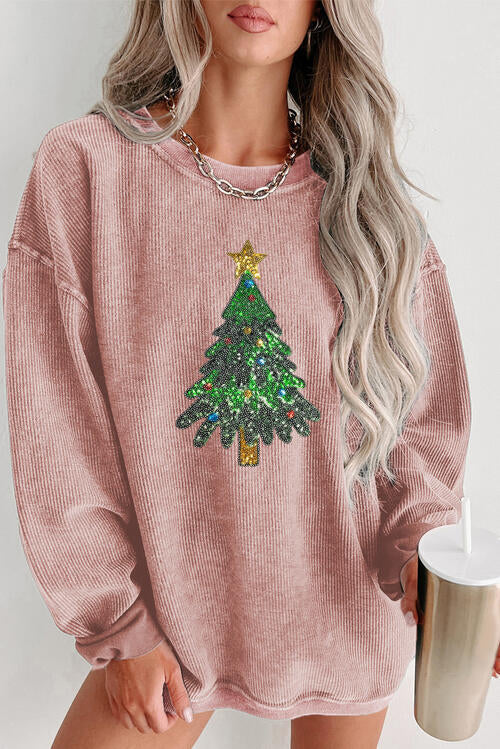 Sequin Christmas Tree Ribbed Drop Shoulder Sweatshirt |1mrk.com