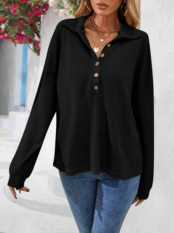 Half Button Collared Neck Long Sleeve Top | 1mrk.com