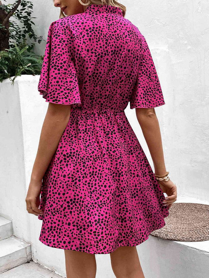 Printed Drawstring Waist Flutter Sleeve Dress |1mrk.com