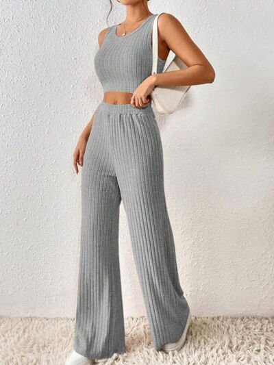 Ribbed Round Neck Tank and Pants Sweater Set |1mrk.com