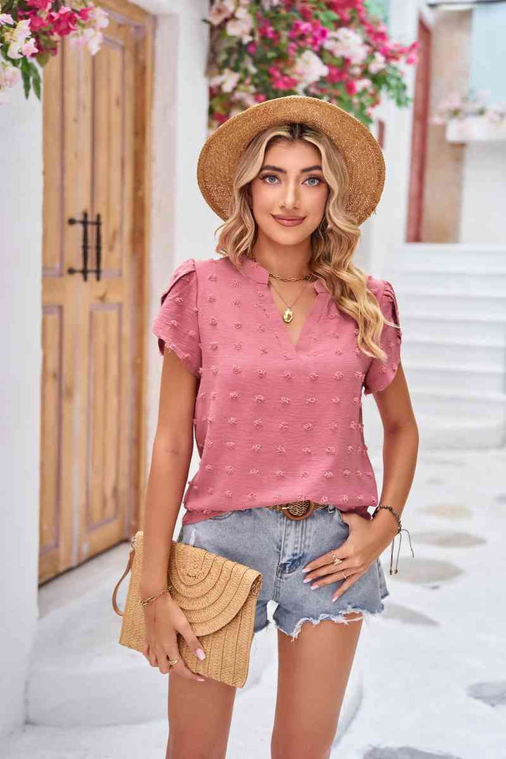 Swiss Dot Petal Sleeve Notched Top | 1mrk.com