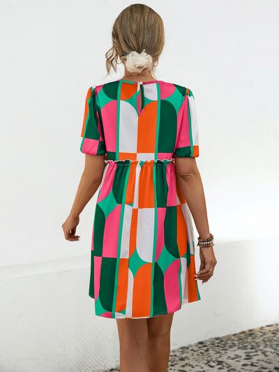 Geometric Frill Round Neck Short Sleeve Dress |1mrk.com