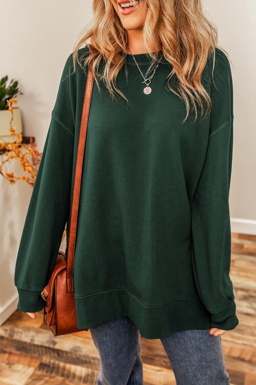 Round Neck Drop Shoulder Slit Sweatshirt |1mrk.com