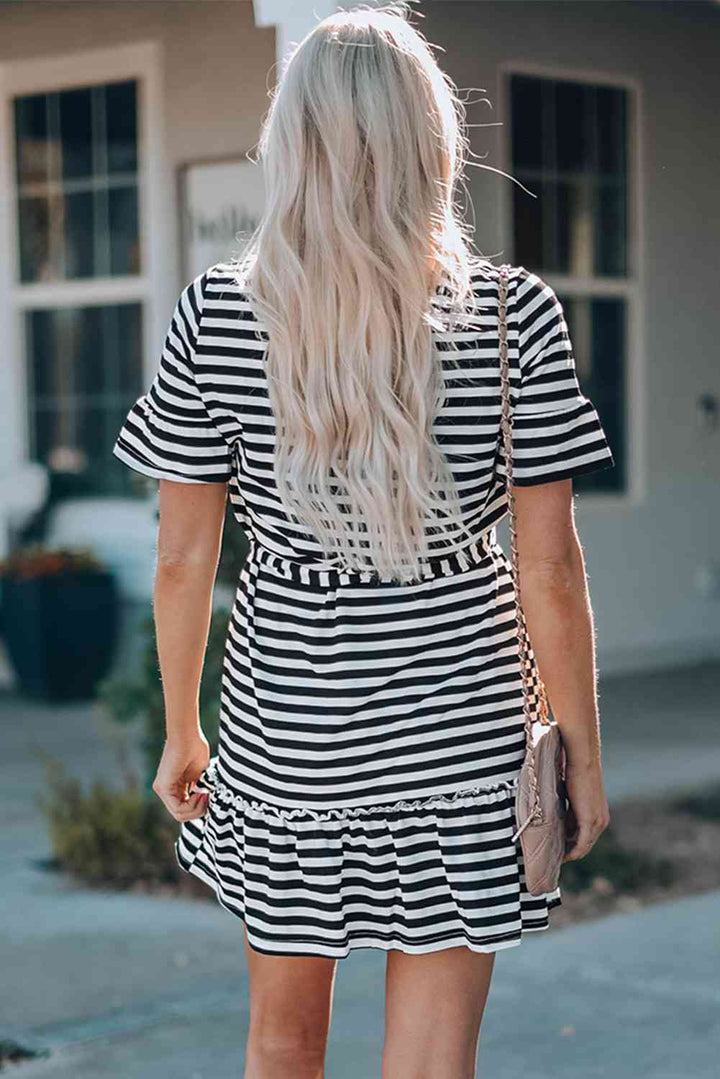 Striped Tie-Waist Frill Trim V-Neck Dress |1mrk.com