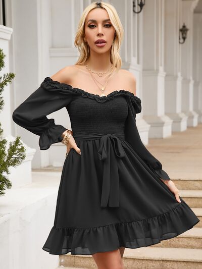 Tie Front Ruffle Hem Smocked Dress |1mrk.com